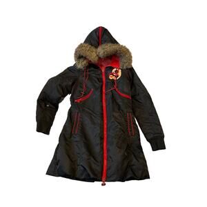 akdmks Black Red Faux Fur Hooded Parka Mens S